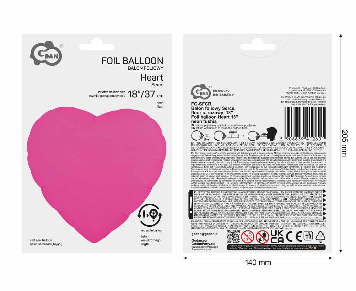 Foil balloon Heart 18“ neon fushia